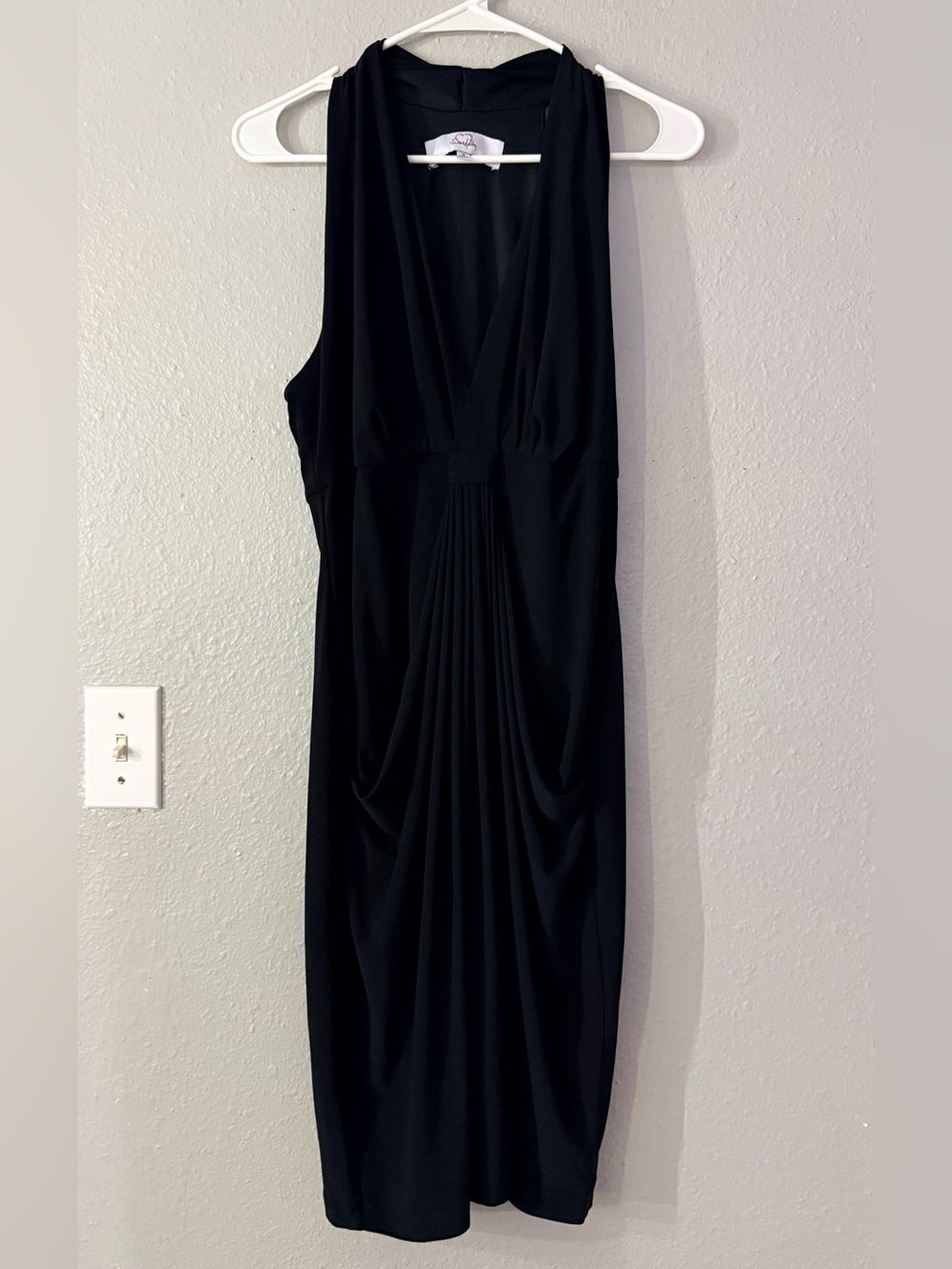 Sam & Libby Black Sleeveless Midi Dress with Draped Front
